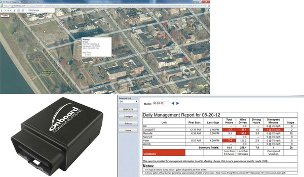 Offered by VGM, the FleetTraks GPS system by On-Board Communications provides street maps or a bird’s-eye view of delivery locations (left). Driver status is managed by the OBC 2000 device (bottom left) via a smart phone application or telephone, and daily reports are e-mailed to managers each morning with deviations from set parameters highlighted.