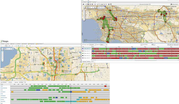 Telogis Fleet 9 management software provides data on several vehicles simultaneously (above) while its Progression version  (at left) enhances scheduling, visibility and productivity.