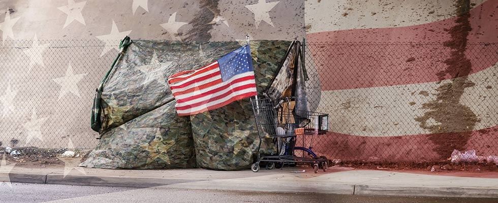 Grocery cart with an American flag in it, in front of a camouflage tent.