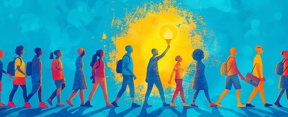 An illustration of people walking in front of a blue background. One of the figure is holding a torch to light the way. 