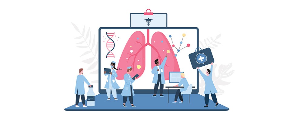 An illustration of doctors standing in front of a large screen with an image of lungs on it. 