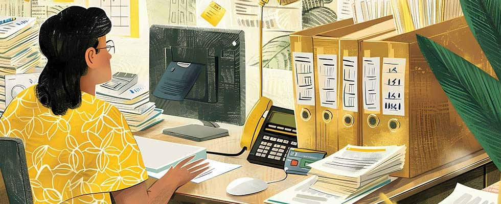 Illustration of a woman at a computer with a bunch of paperwork anf files around her. 
