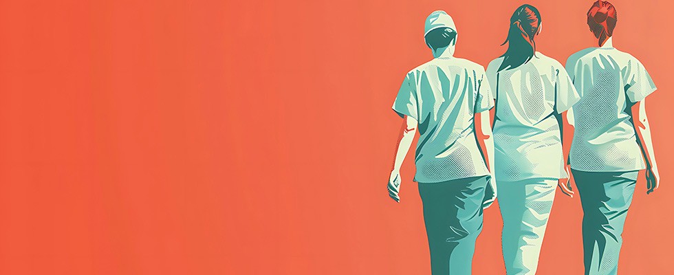 Digital illustration of three nurses/caregivers in scrubs walking together.