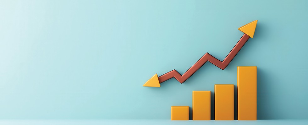 Digital illustration of bar graph chart with data increasing.