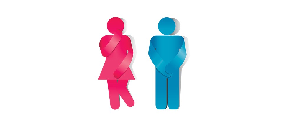 Two outline figures, one pink and one blue. The pink figure has on a dress and has one hand placed over their mouth and another over their bladder. The blue figure has both hand placed over their bladder. 