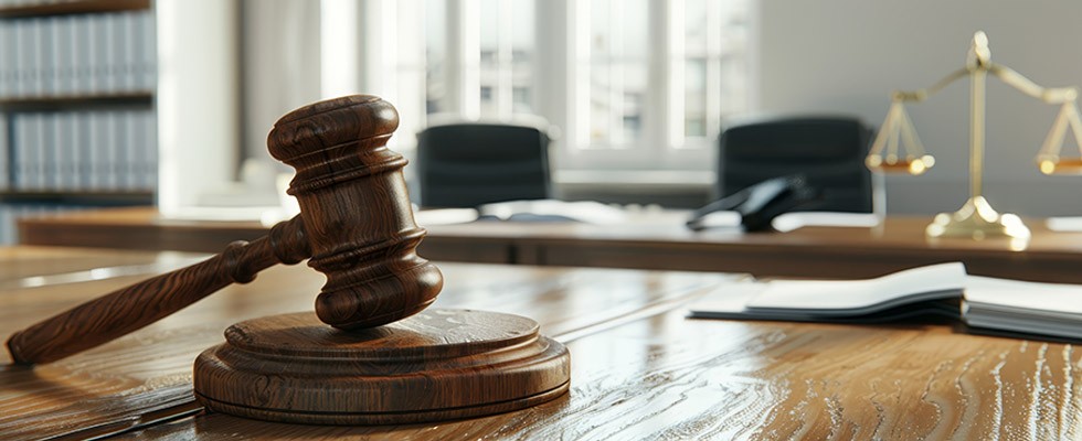 Wooden gavel resting on its stand, with a law office blurred in the background.