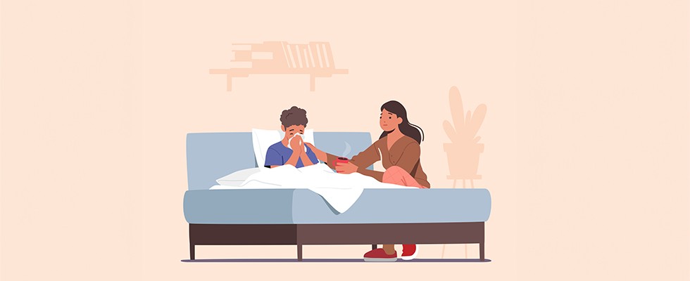 Illustration of sick patient in bed, being cared for at bedside.