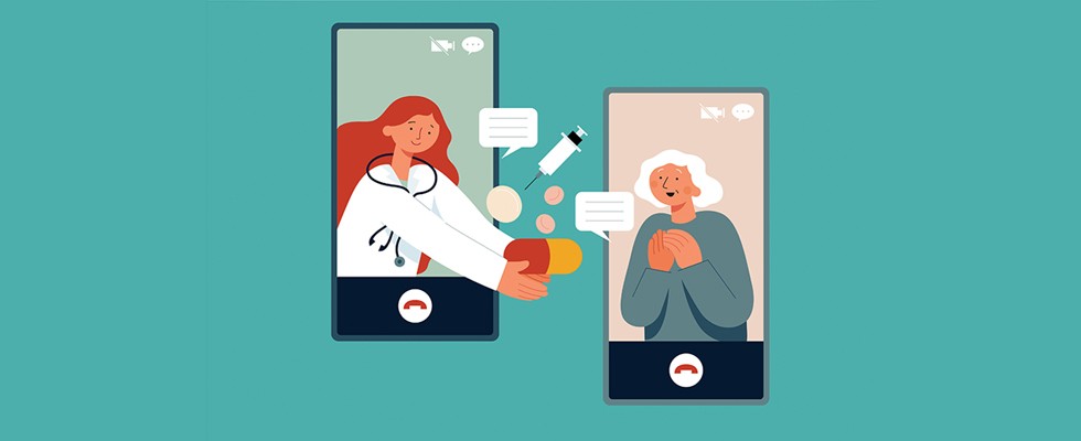 Illustration of two phones next to each other, with a female doctor popping out of one screen, handing a pill to an elderly lady on the other phone screen.