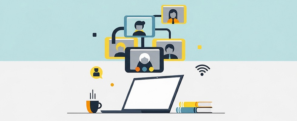 Graphic of several screens connecting over a laptop
