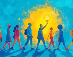 An illustration of people walking in front of a blue background. One of the figure is holding a torch to light the way. 