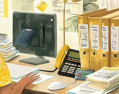 Illustration of a woman at a computer with a bunch of paperwork anf files around her. 