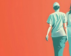 Digital illustration of three nurses/caregivers in scrubs walking together.