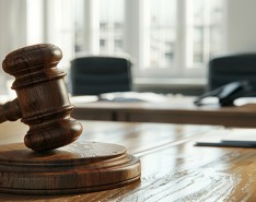 Wooden gavel resting on its stand, with a law office blurred in the background.