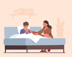 Illustration of sick patient in bed, being cared for at bedside.