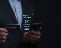 Man holding a card to a payment system, with a digital "payment successful" checkmark hovering above.