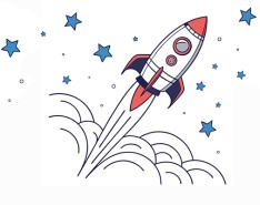 A cartoon of a rocket ship flying into the stars