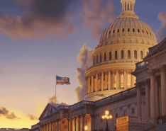 The Capitol building with an American flag and its sunset 