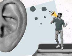A graphic of someone standing on an iPhone speaking into a large ear