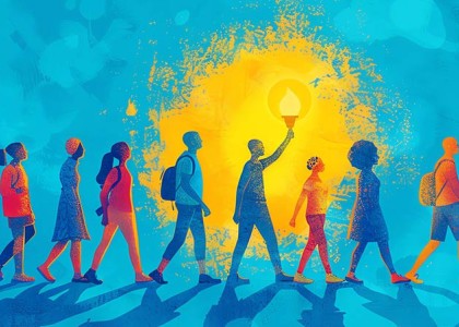 An illustration of people walking in front of a blue background. One of the figure is holding a torch to light the way. 