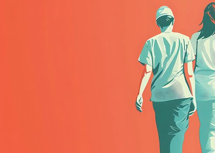 Digital illustration of three nurses/caregivers in scrubs walking together.